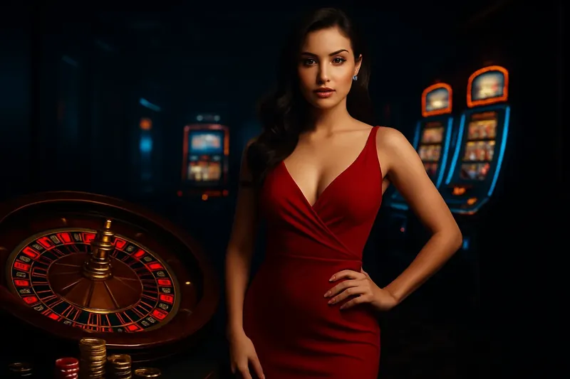 Beautiful woman in red dress standing near roulette and slot machines with gold coins and poker chips in a luxury Bangladesh casino setting