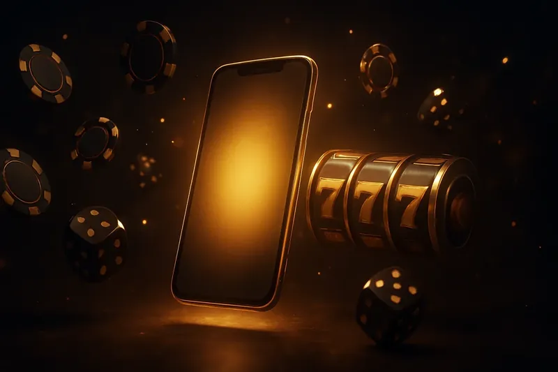 Glowing smartphone surrounded by casino chips, slot reels, and dice on a dark luxurious background